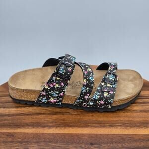 Birki's Birkenstock Sandals Womens 6 37 Black Floral Multi Buckles Straps